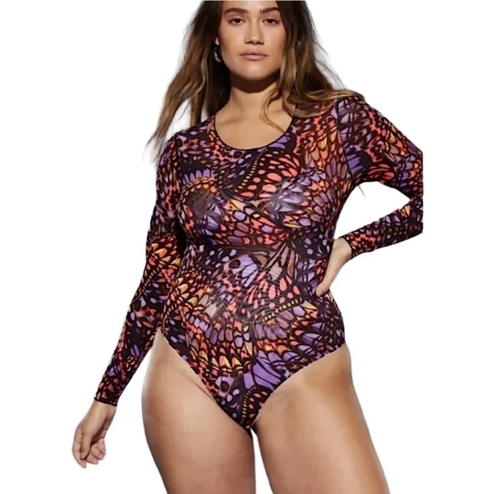 YITTY Womens Mesh Me Smoothing Sleeved Thong Bodysuit Sz Medium Multicolor NWT
